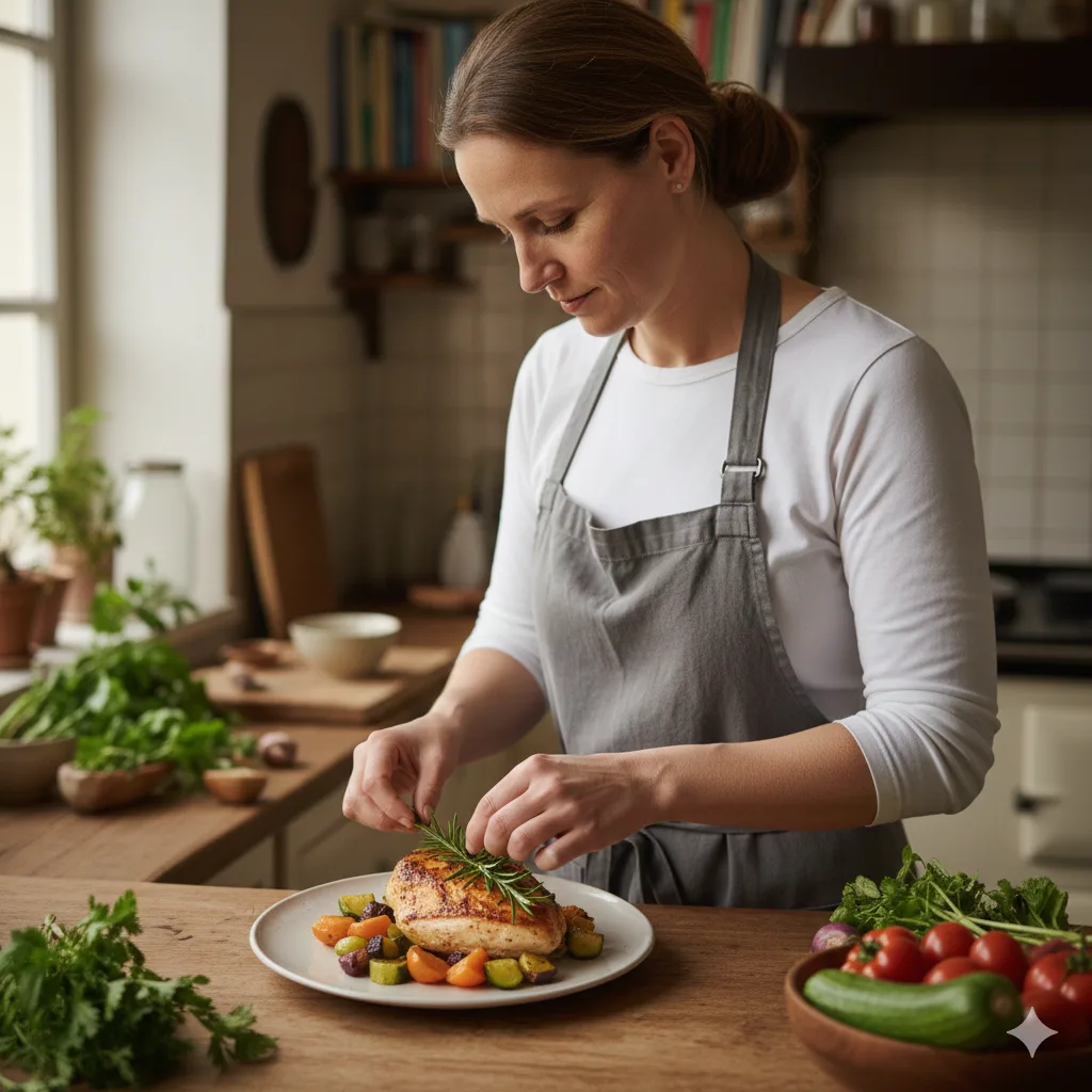 Deutsche Köchin richtet ein Gericht mit frischen Kräutern an.