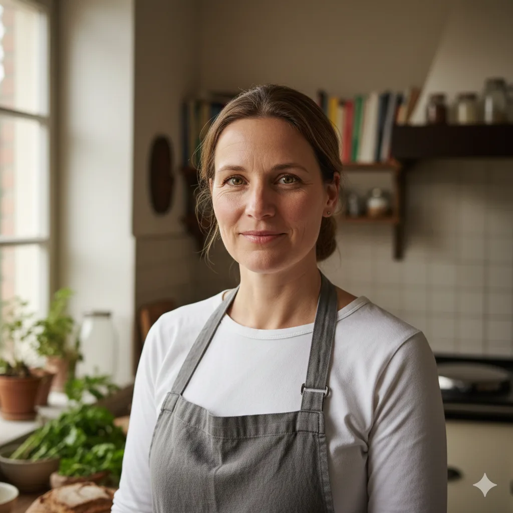 Deutsche Köchin in den Vierzigern mit grauer Schürze, lächelnd in einer hellen Küchenumgebung.