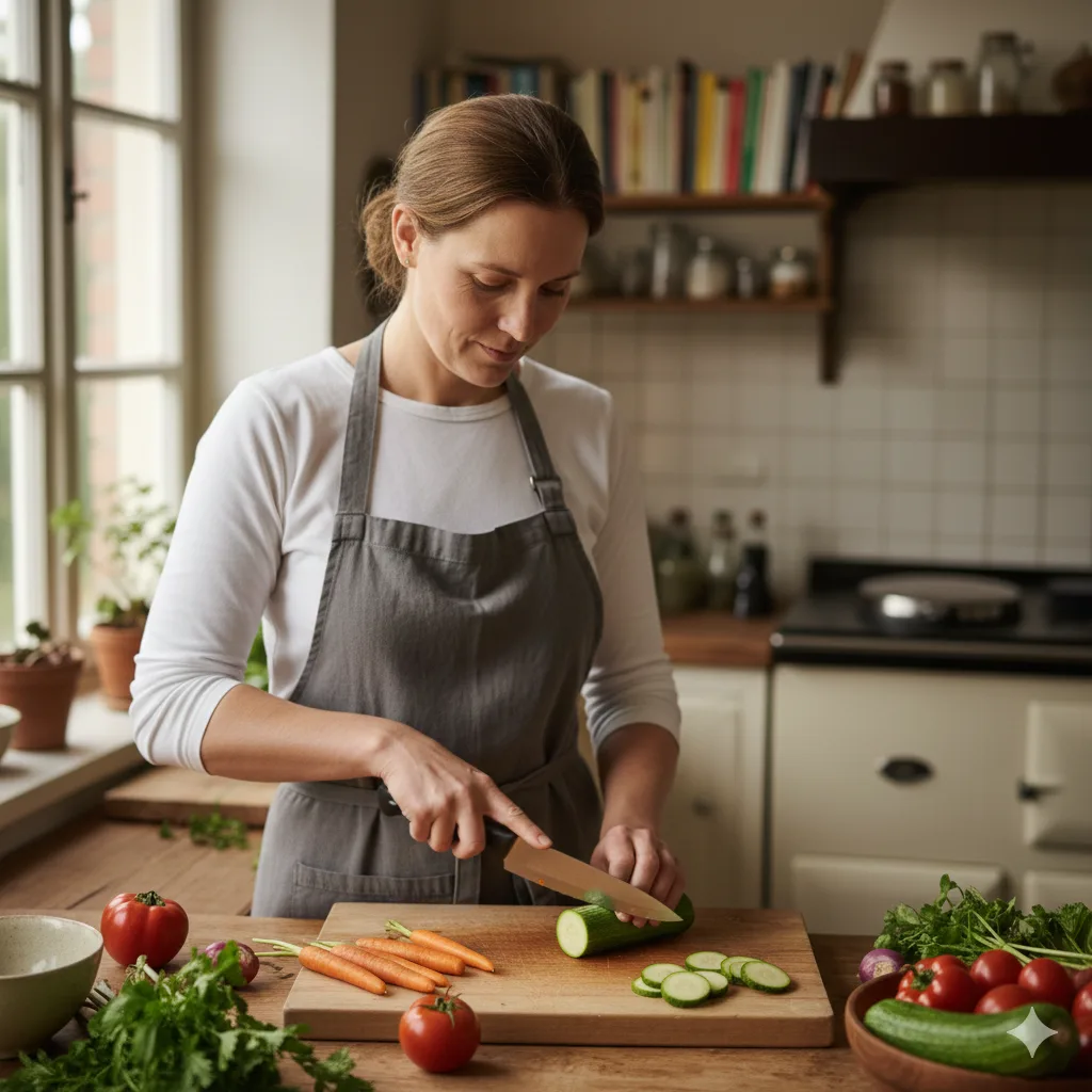Deutsche Köchin schneidet frisches Gemüse auf einer Holzarbeitsplatte.