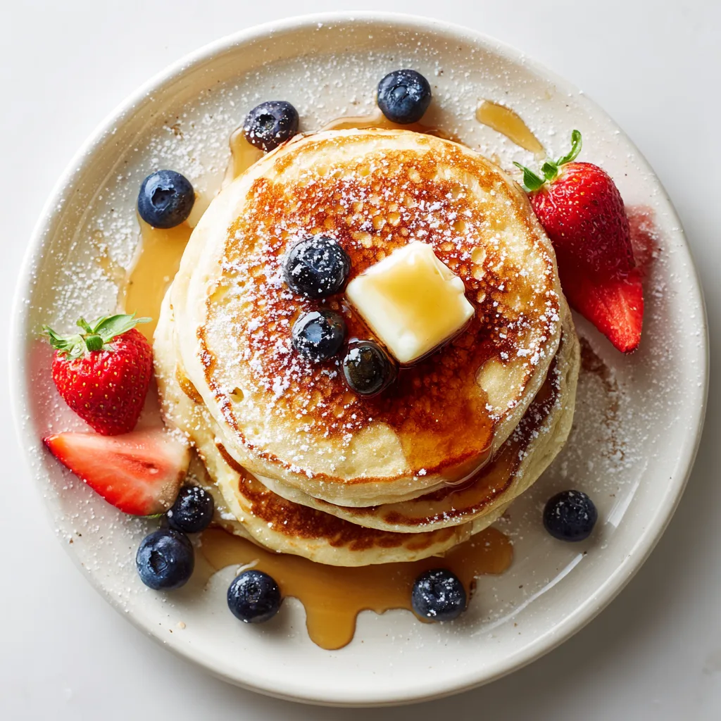 Amerikanische Pancakes gestapelt mit Butter und Ahornsirup auf weißem Teller von oben fotografiert