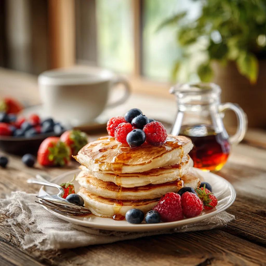 Amerikanische Pancakes auf rustikalem Holztisch serviert mit Beeren und Ahornsirup