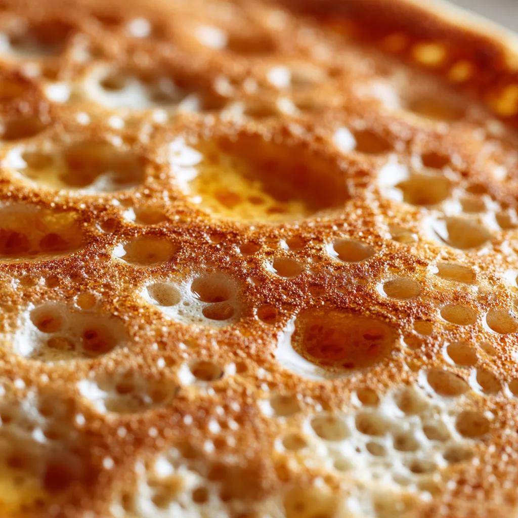 Nahaufnahme der fluffigen Textur von Amerikanische Pancakes mit sichtbaren Luftblasen