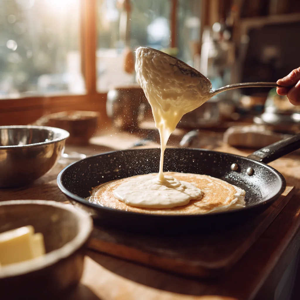 Pancake-Teig wird mit Kelle in heiße Pfanne gegossen während der Zubereitung