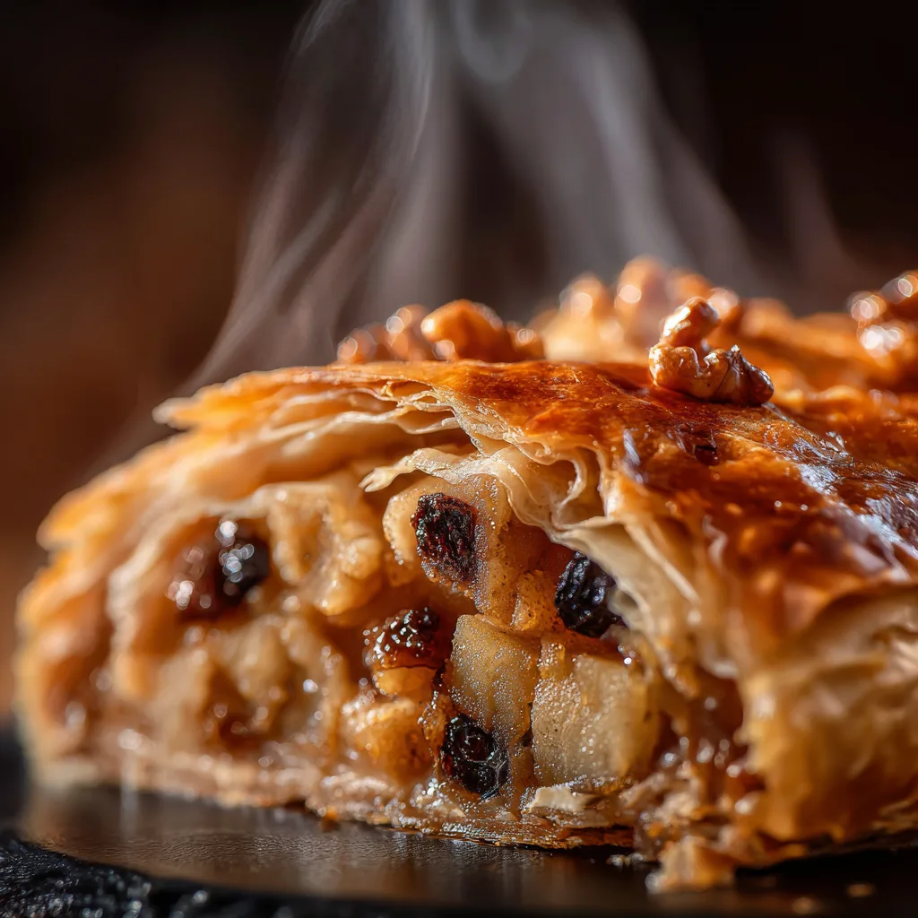 Nahaufnahme von Apfelstrudel Scheibe mit sichtbaren Teigschichten und saftiger Apfel-Rosinen-Füllung
