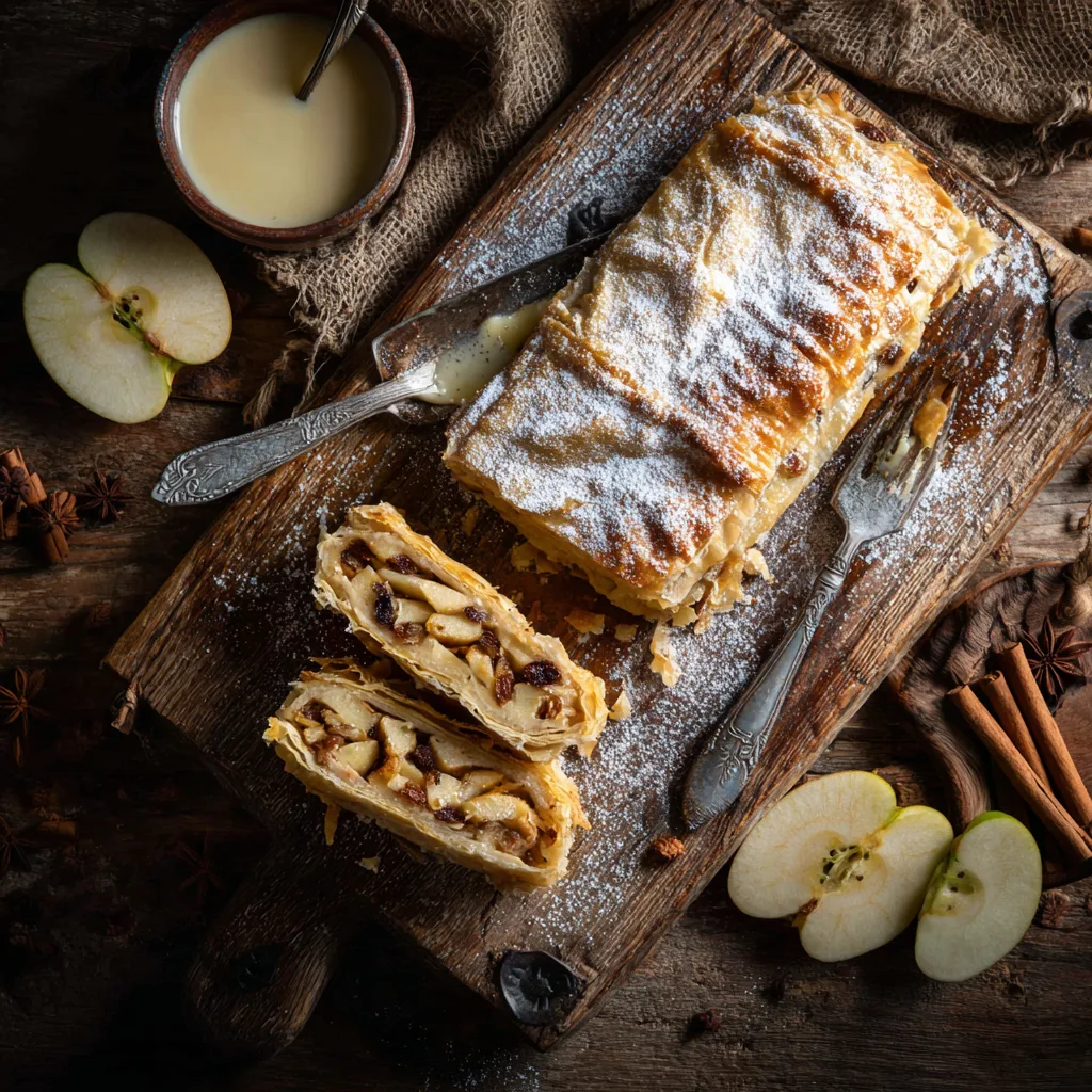 Klassischer Apfelstrudel mit Puderzucker von oben fotografiert auf rustikalem Holzbrett mit Vanillesauce
