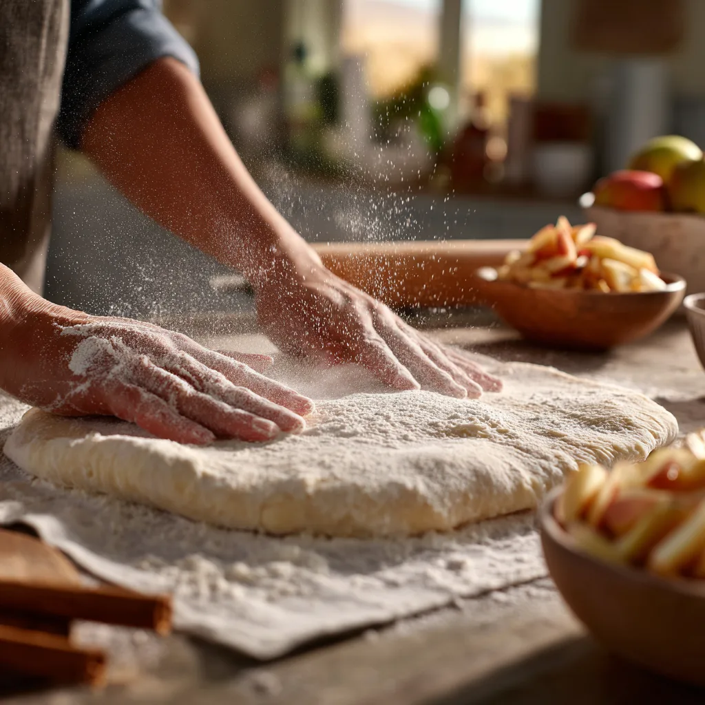 Hände ziehen Strudelteig hauchdünn über Küchentisch für Apfelstrudel Zubereitung