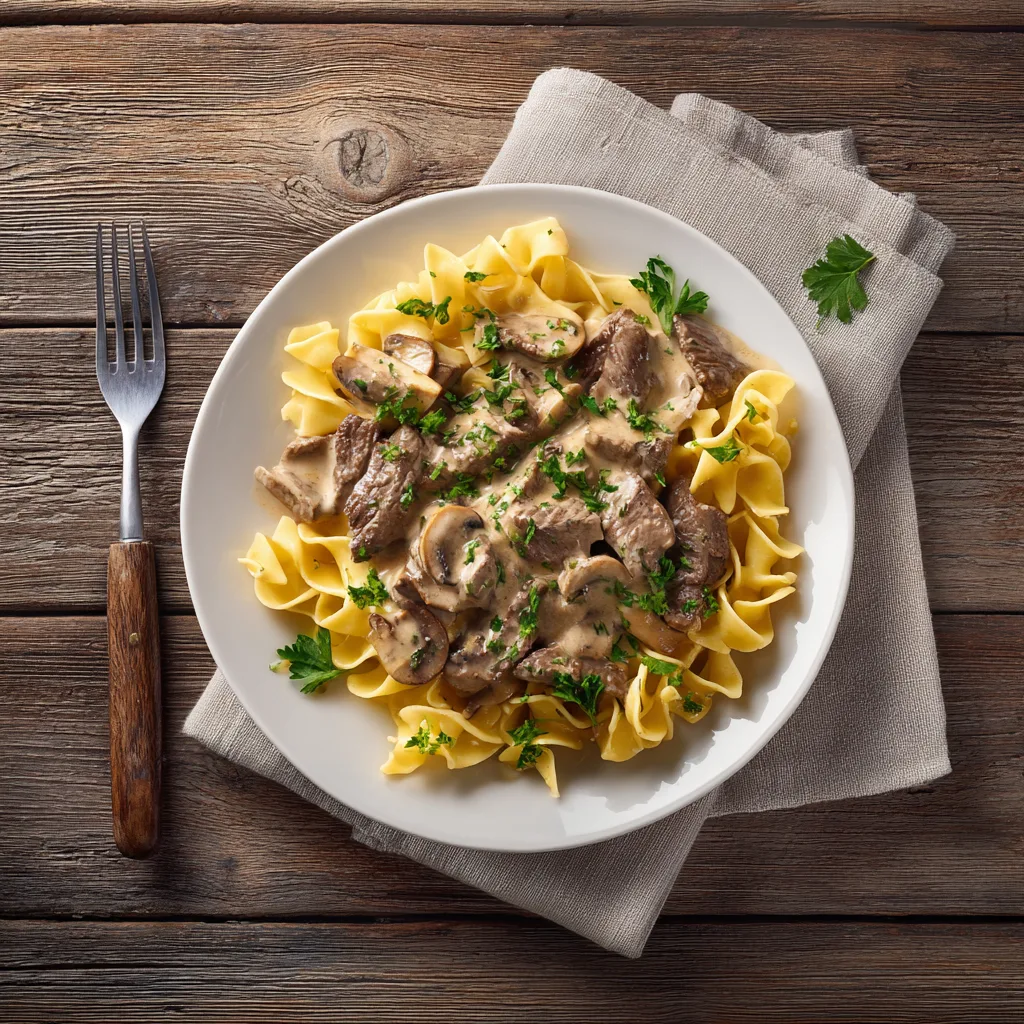 Beef Stroganoff mit Bandnudeln in cremiger Sauce von oben
