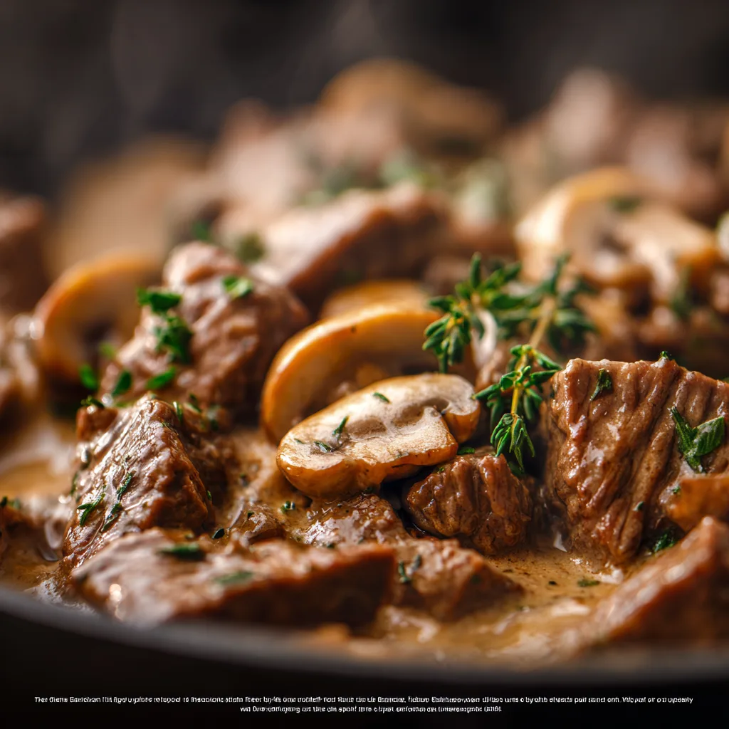 Nahaufnahme von Beef Stroganoff mit zarten Rindfleischstreifen und Pilzen
