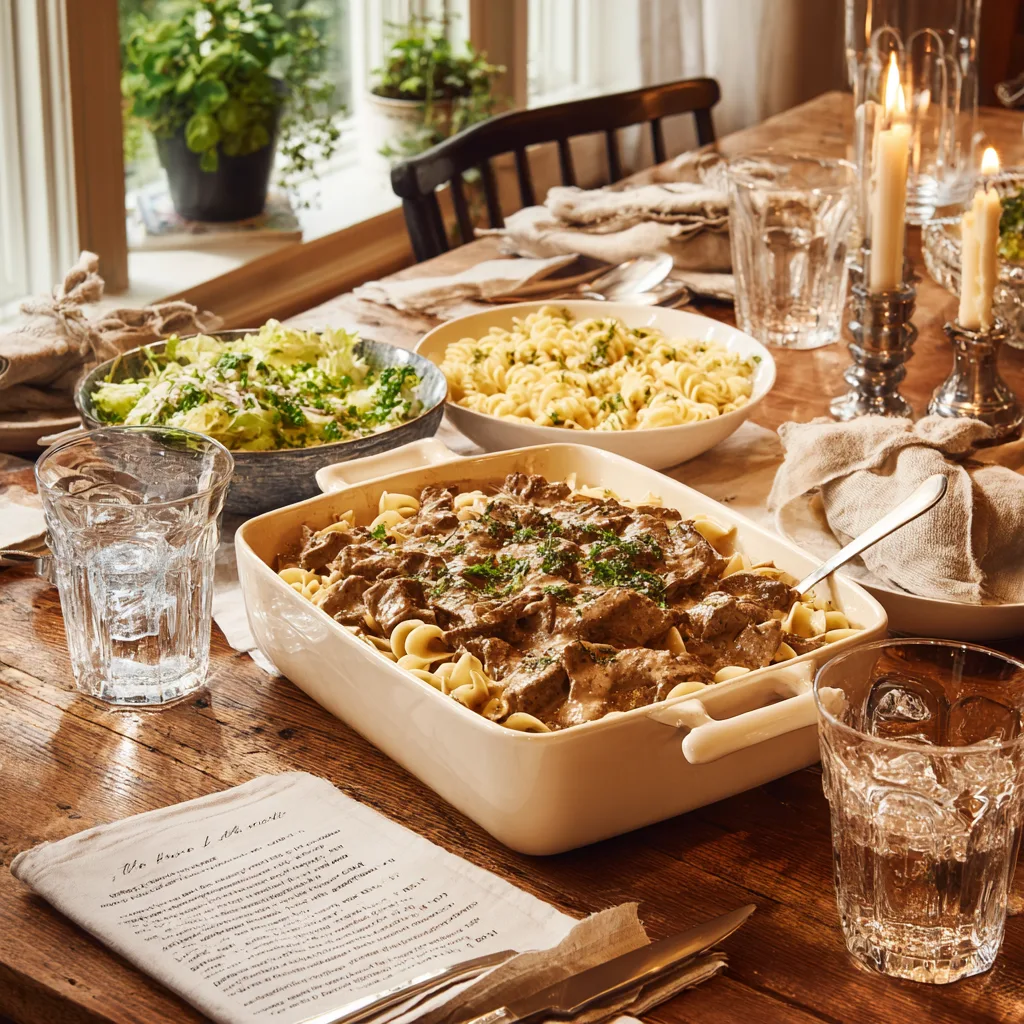 Beef Stroganoff auf gedecktem Tisch mit Beilagen serviert
