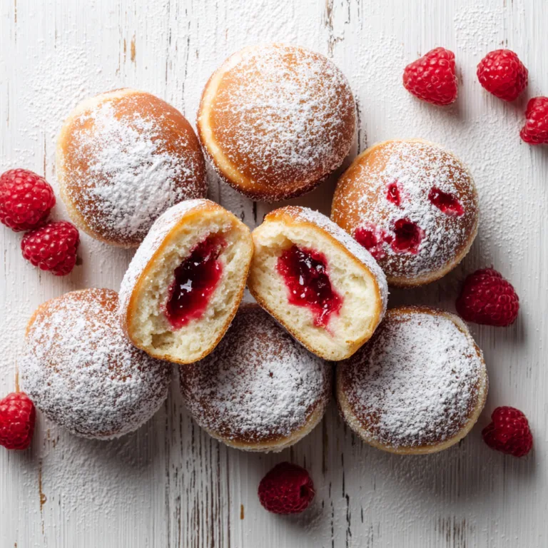 Frisch gebackene Berliner mit Puderzucker und Marmeladenfüllung von oben fotografiert