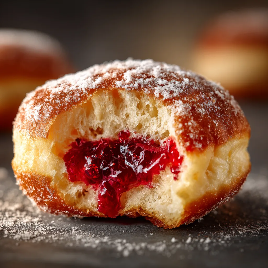 Nahaufnahme eines Berliners mit sichtbarer fluffiger Textur und Marmeladenfüllung