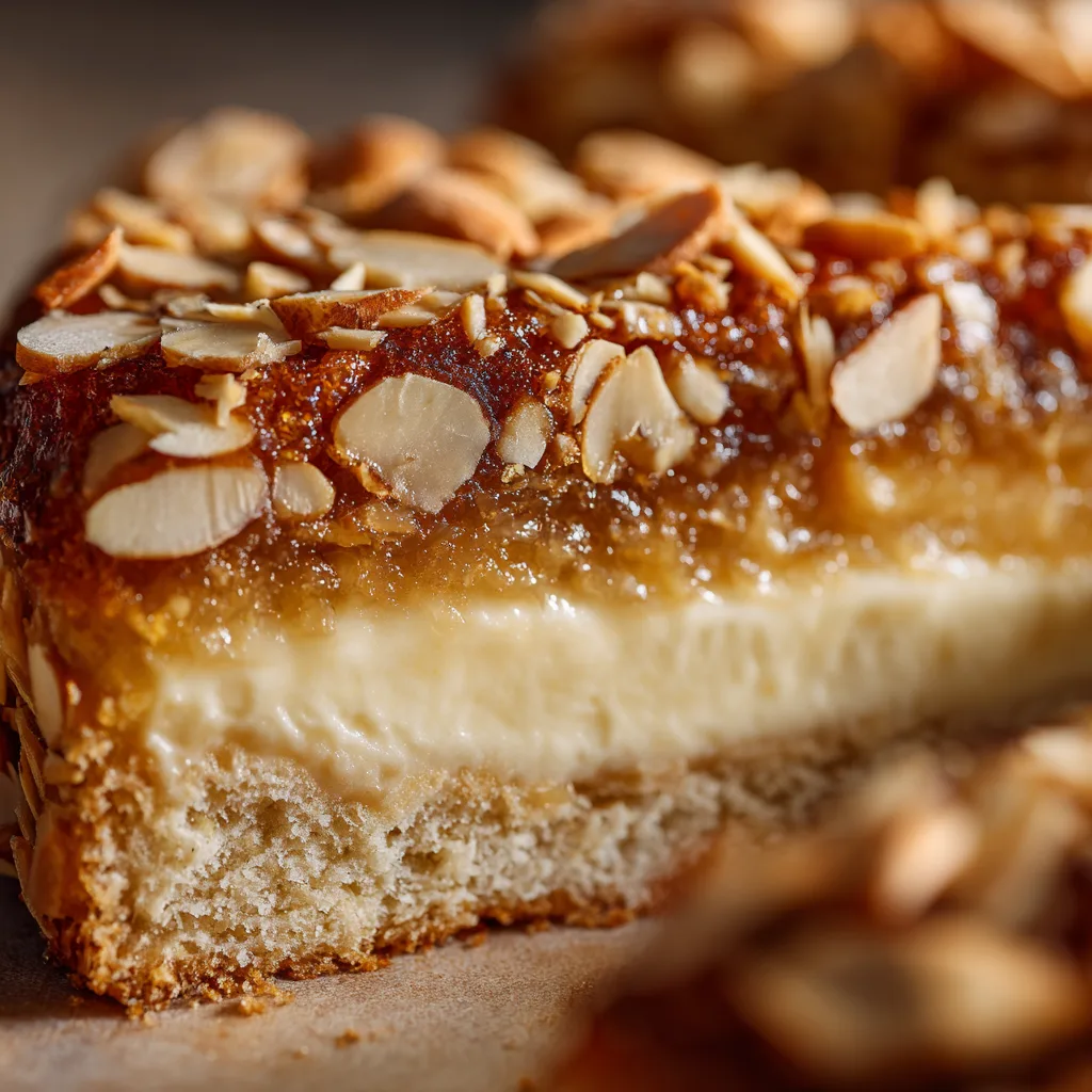 Bienenstich Stück Nahaufnahme zeigt Schichten von Hefeteig und Vanillecreme