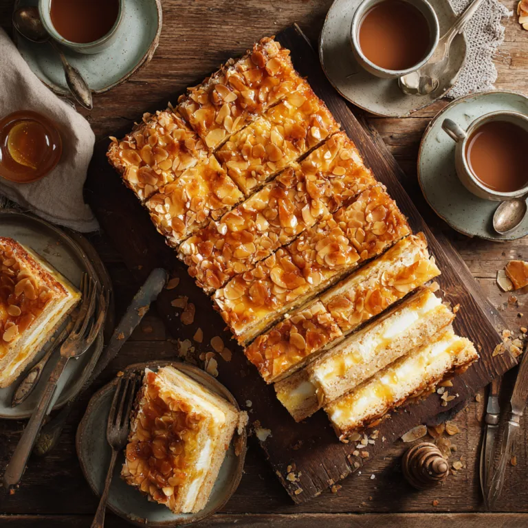 Bienenstich Rezept mit Mandel-Honig-Kruste und Vanillecreme von oben fotografiert