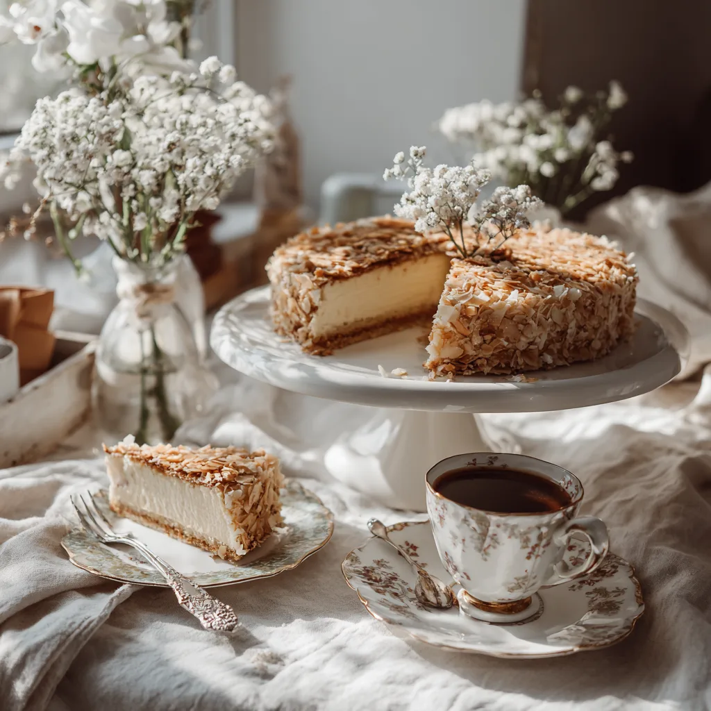 Bienenstich servieren auf Kaffeetafel mit Kaffee und Geschirr
