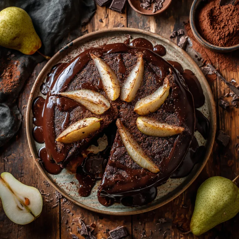 Birne Schokolade Kuchen von oben mit Schokoladenglasur und Birnenscheiben auf rustikalem Holztisch