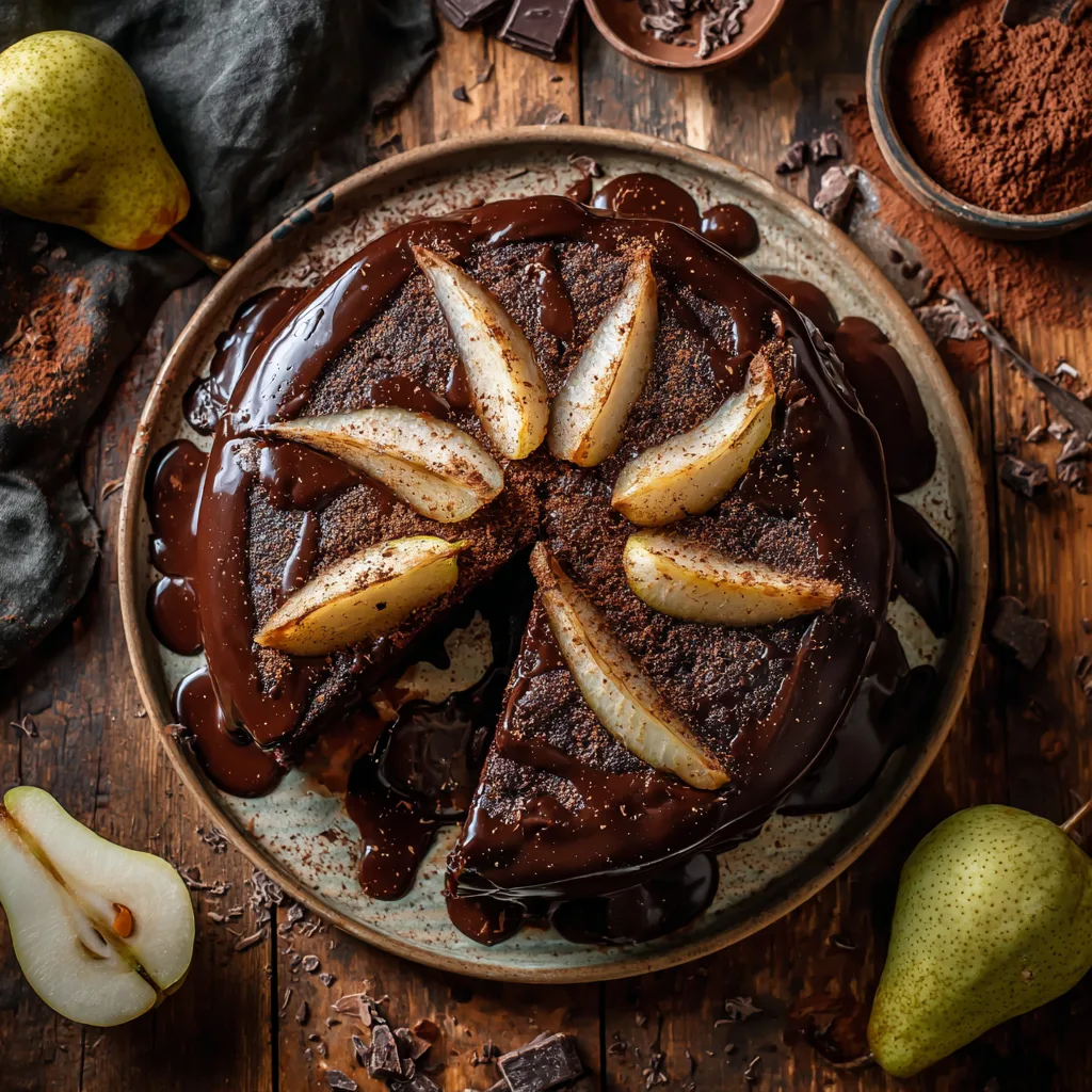 Birne Schokolade Kuchen von oben mit Schokoladenglasur und Birnenscheiben auf rustikalem Holztisch