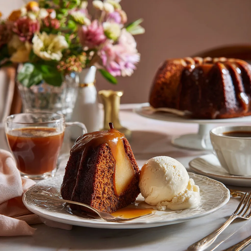 Servierter Birne Schokolade Kuchen auf weißem Teller mit Vanilleeis und Sahne