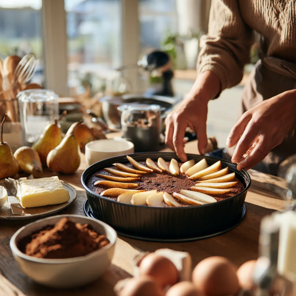 Birne Schokolade Kuchen Zubereitung in der Küche mit frischen Zutaten und Backform