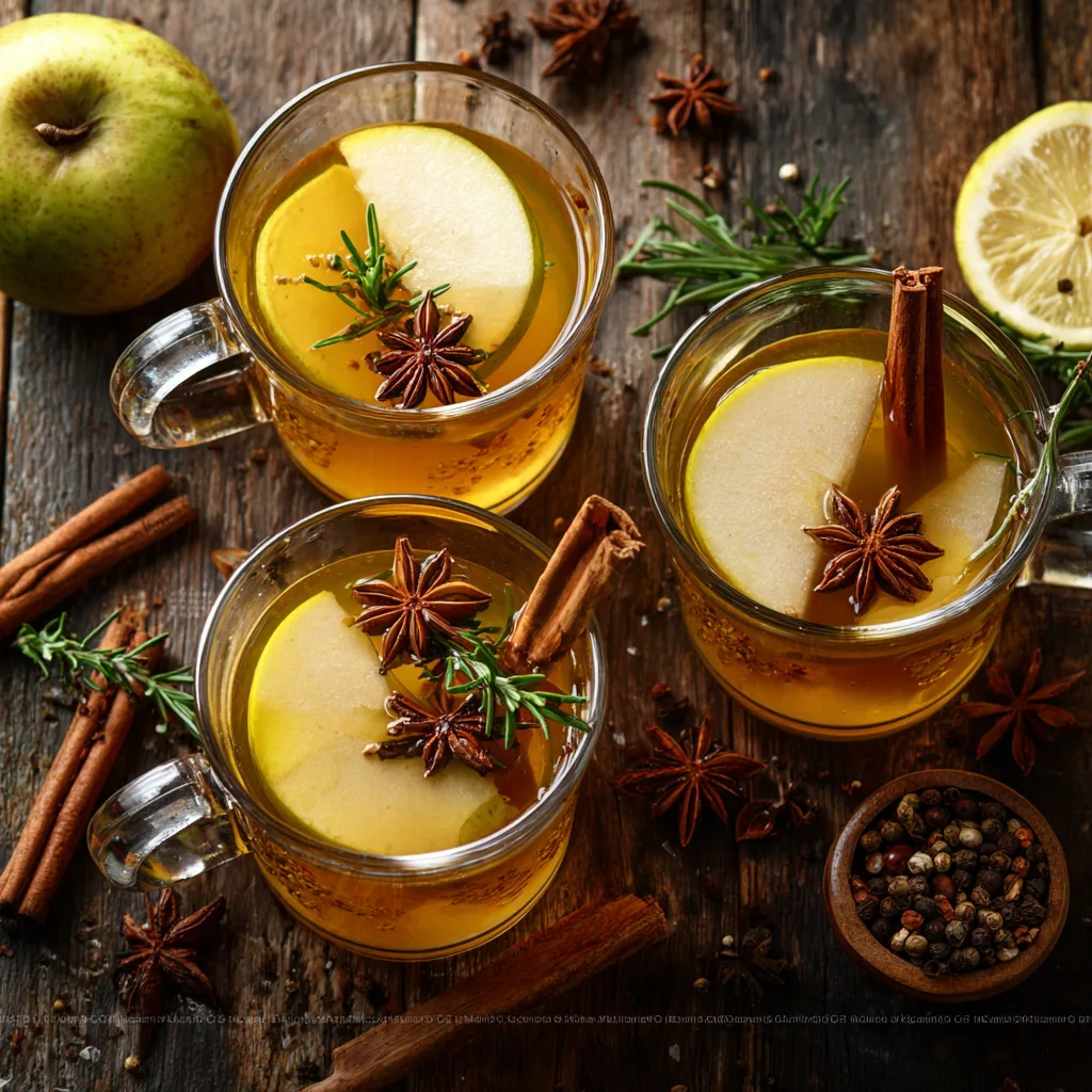 Draufsicht auf heißen Birnenpunsch mit Birnenscheiben und Zimtstangen auf rustikalem Holztisch