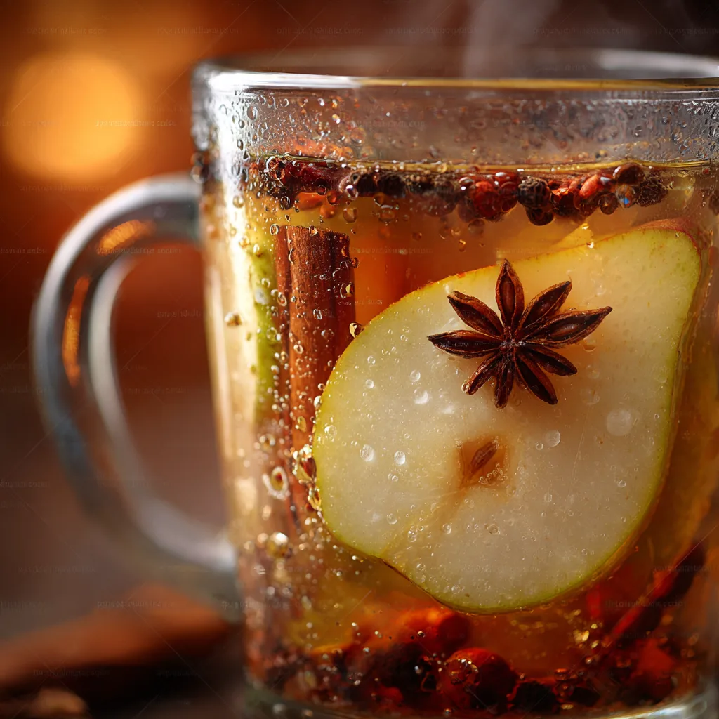 Nahaufnahme eines Glases Birnenpunsch mit Birnenscheibe, Zimtstange und Sternanis