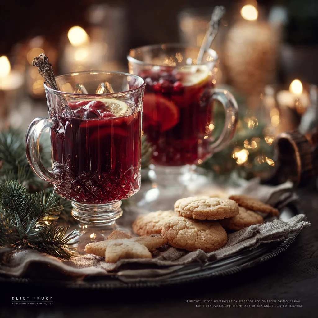 Birnenpunsch auf einem festlich gedeckten Wintertisch mit Plätzchen und Tannenzweigen