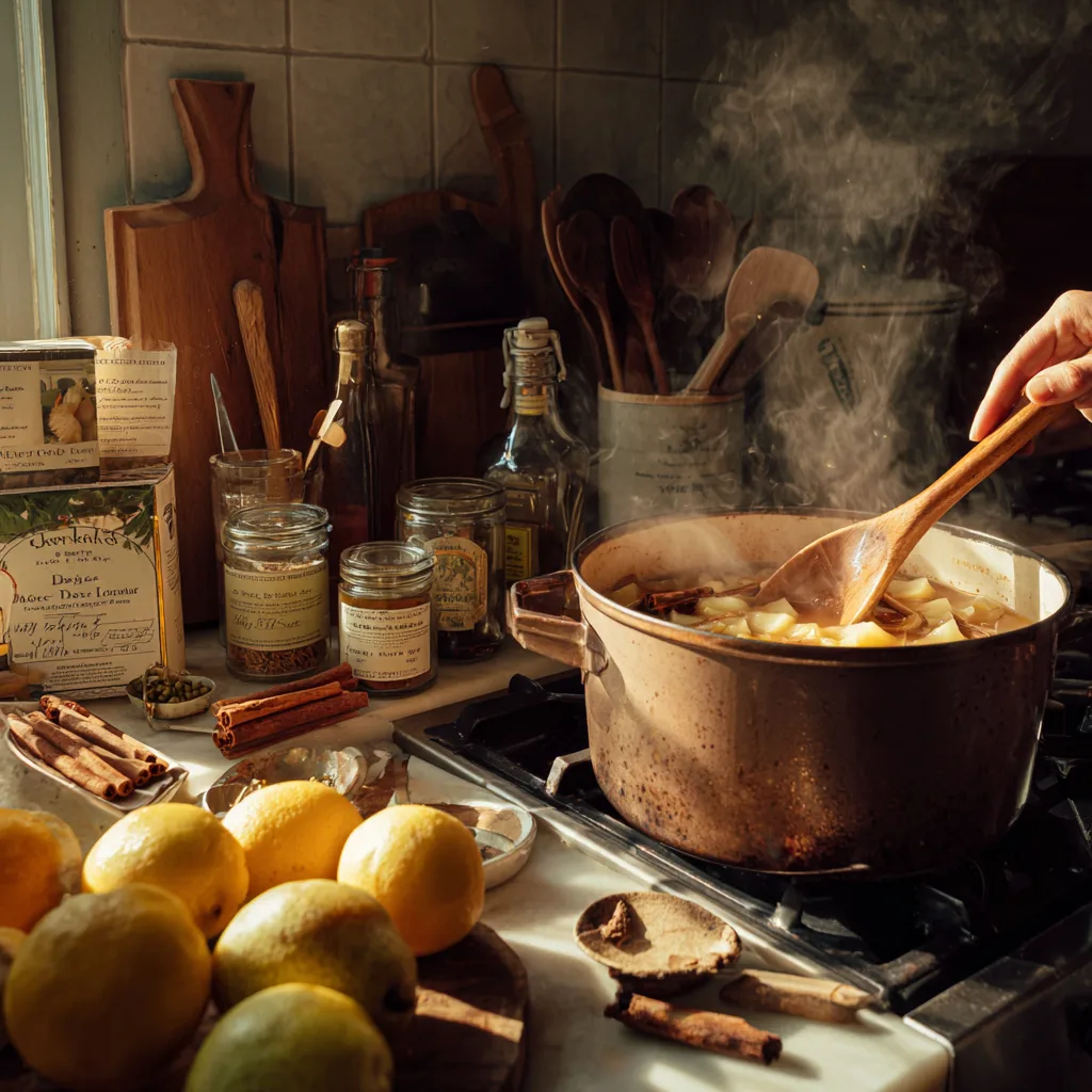 Birnenpunsch wird in einem Topf auf dem Herd mit einem Holzlöffel gerührt