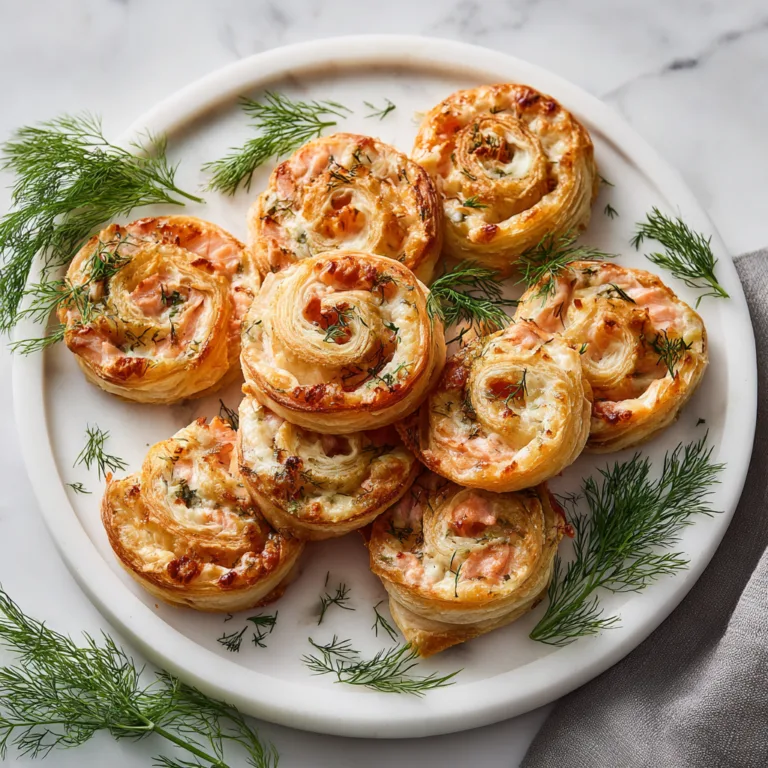 Blätterteig-Lachs-Schnecken von oben auf Marmorplatte mit frischem Dill