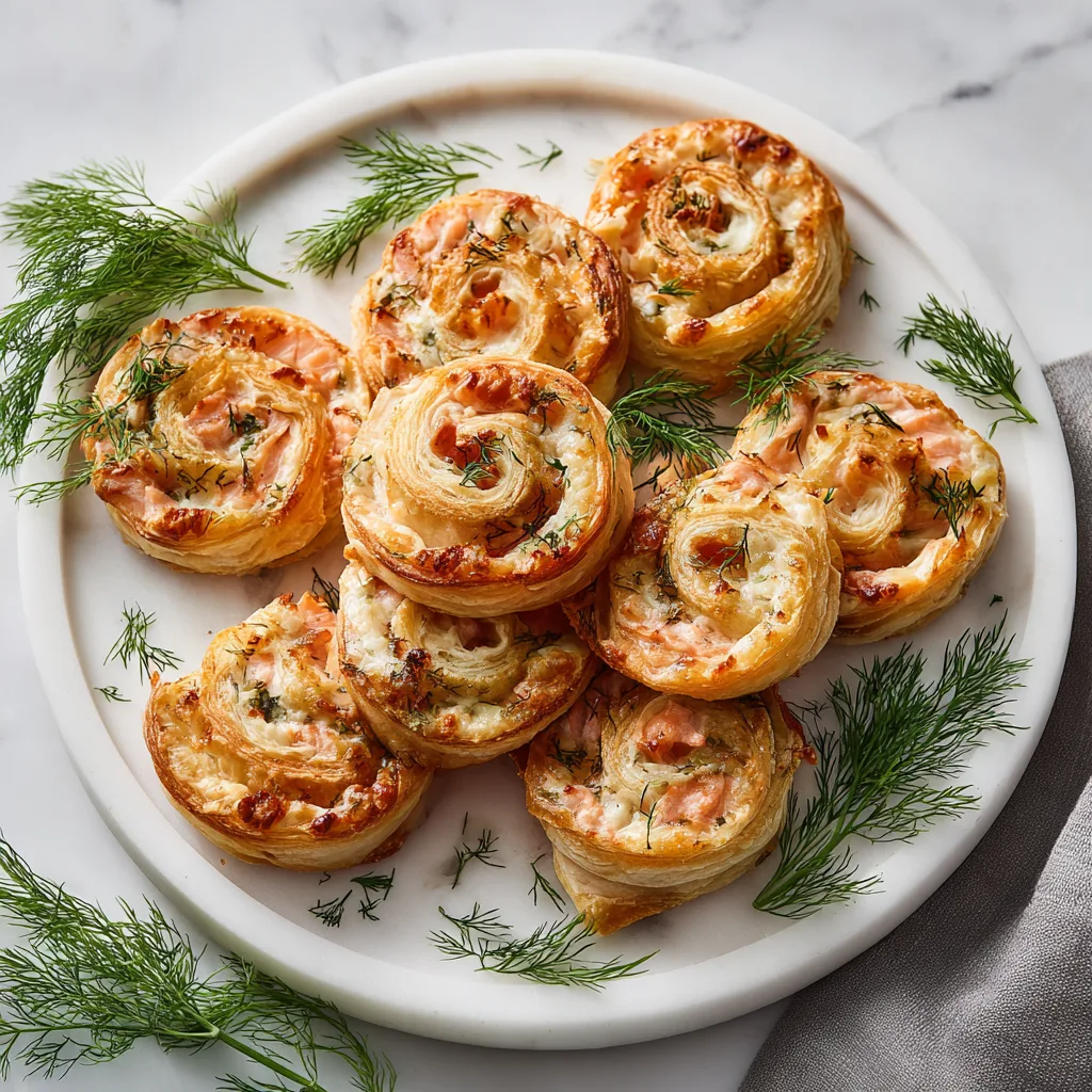 Blätterteig-Lachs-Schnecken von oben auf Marmorplatte mit frischem Dill