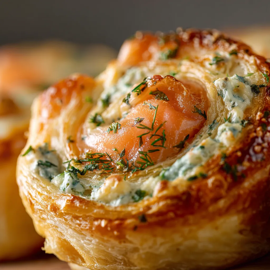 Nahaufnahme Blätterteig-Lachs-Schnecken mit cremiger Füllung und knuspriger Textur