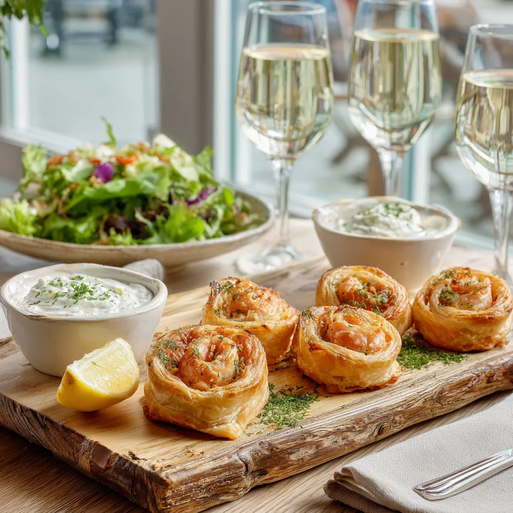 Servierte Blätterteig-Lachs-Schnecken auf Holzbrett mit Beilagen und Dip