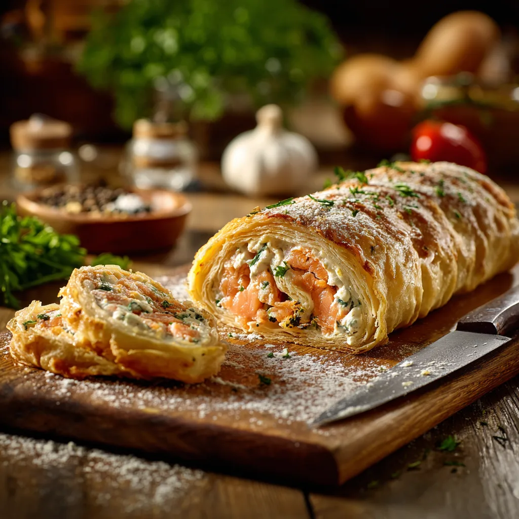 Blätterteig-Lachs-Schnecken zubereiten und schneiden auf Holzbrett