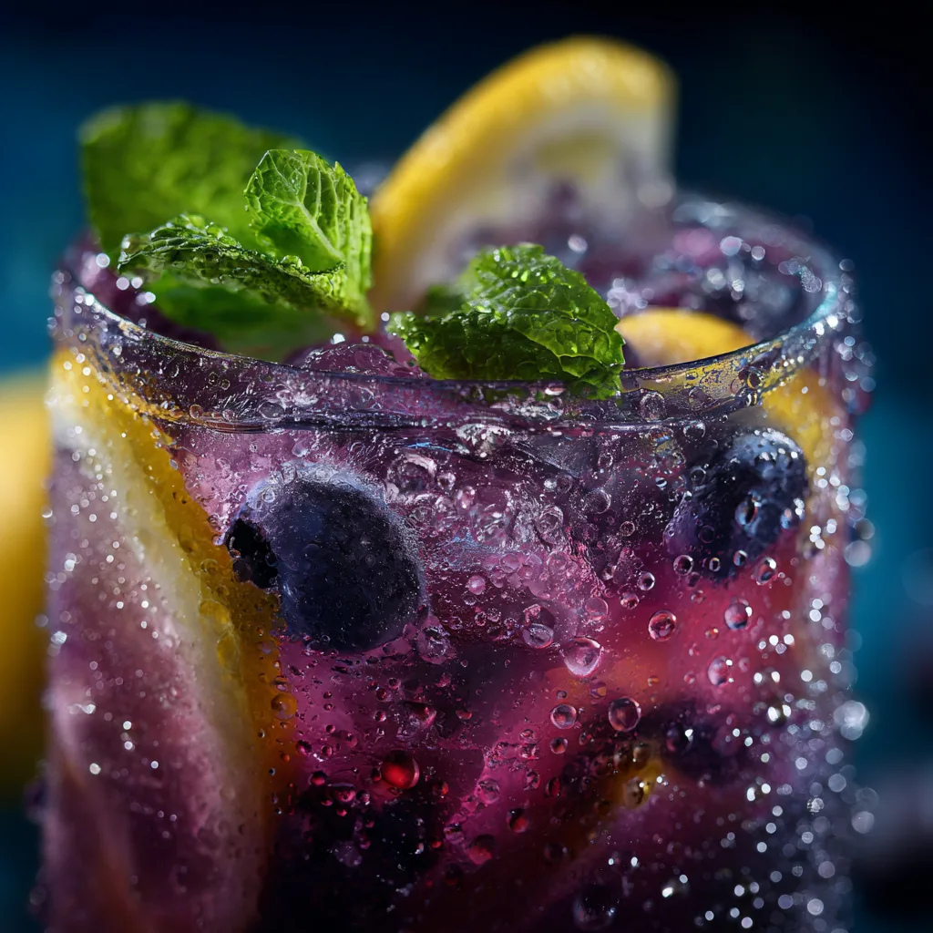 Nahaufnahme eines Glases mit Blaubeer Zitronen Limonade, mit Beerenstücken und Zitronenscheiben.