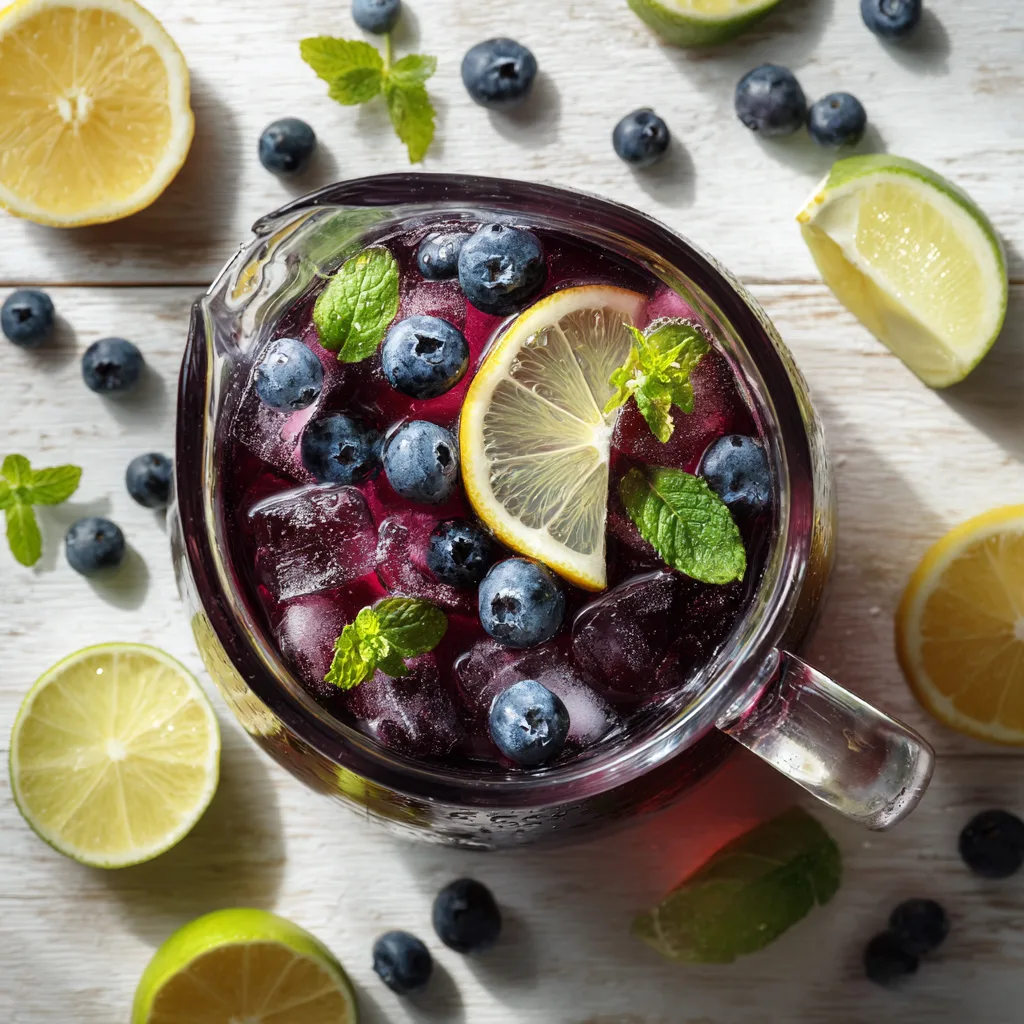 Draufsicht auf Karaffe mit hausgemachter Blaubeer Zitronen Limonade, gefüllt mit Eis, Blaubeeren und Zitronenscheiben.​