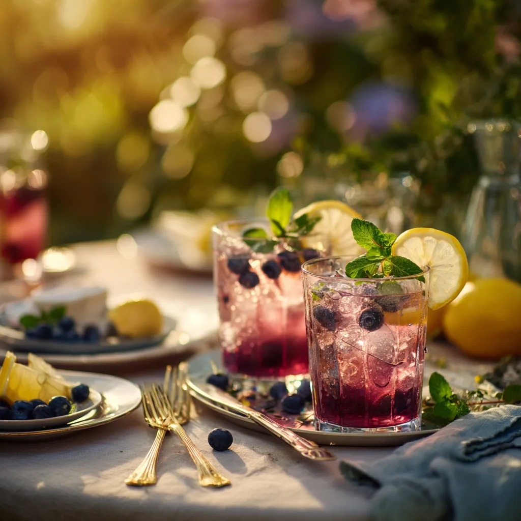 Gestylter Sommertisch mit Gläsern Blaubeer Zitronen Limonade und passenden Beilagen.