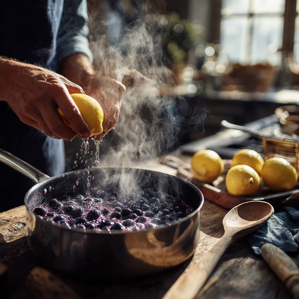 Hände kochen Blaubeer-Zitronen-Sirup im Topf als Basis für Blaubeer Zitronen Limonade.