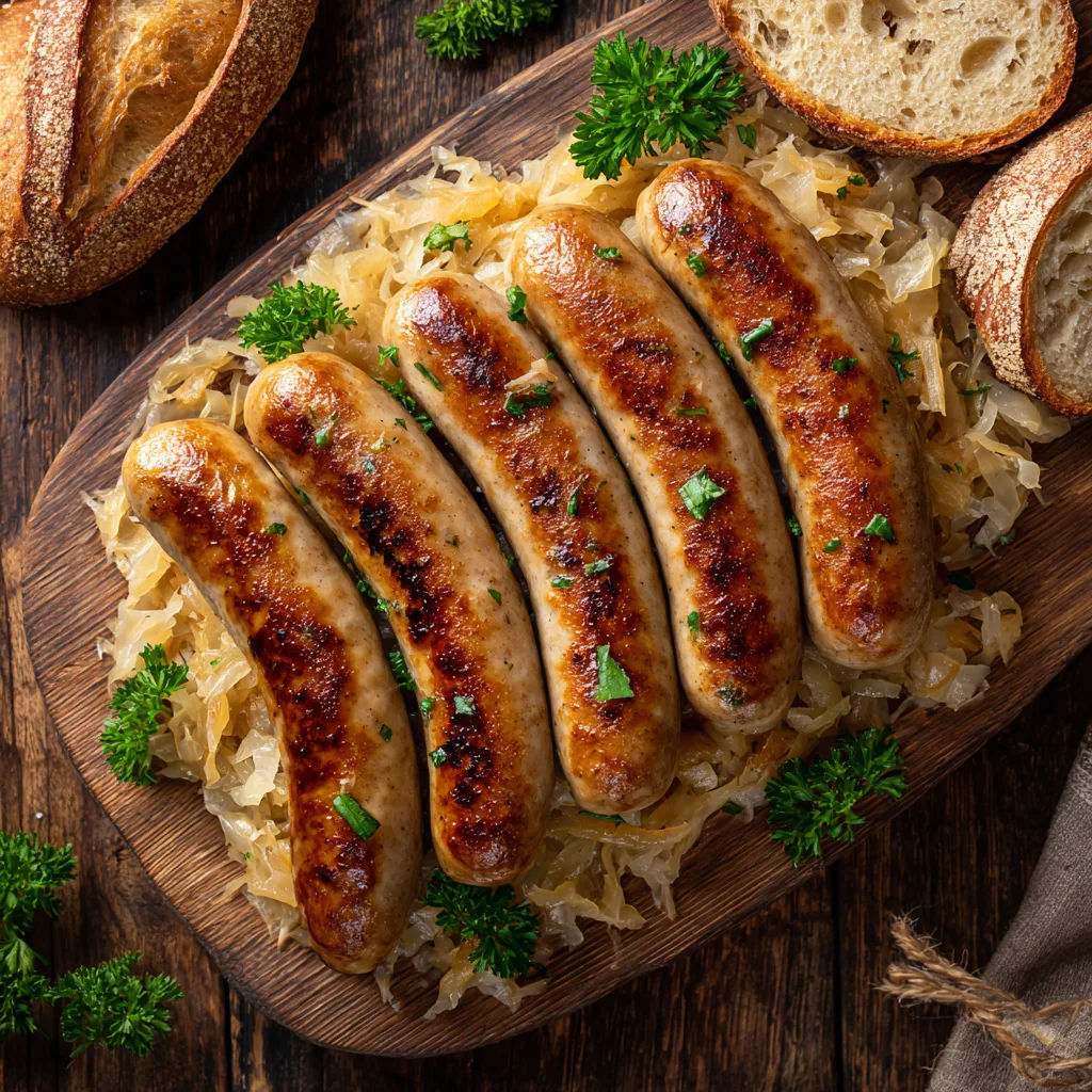 Bratwurst mit Sauerkraut authentisches deutsches Rezept auf rustikalem Holztisch