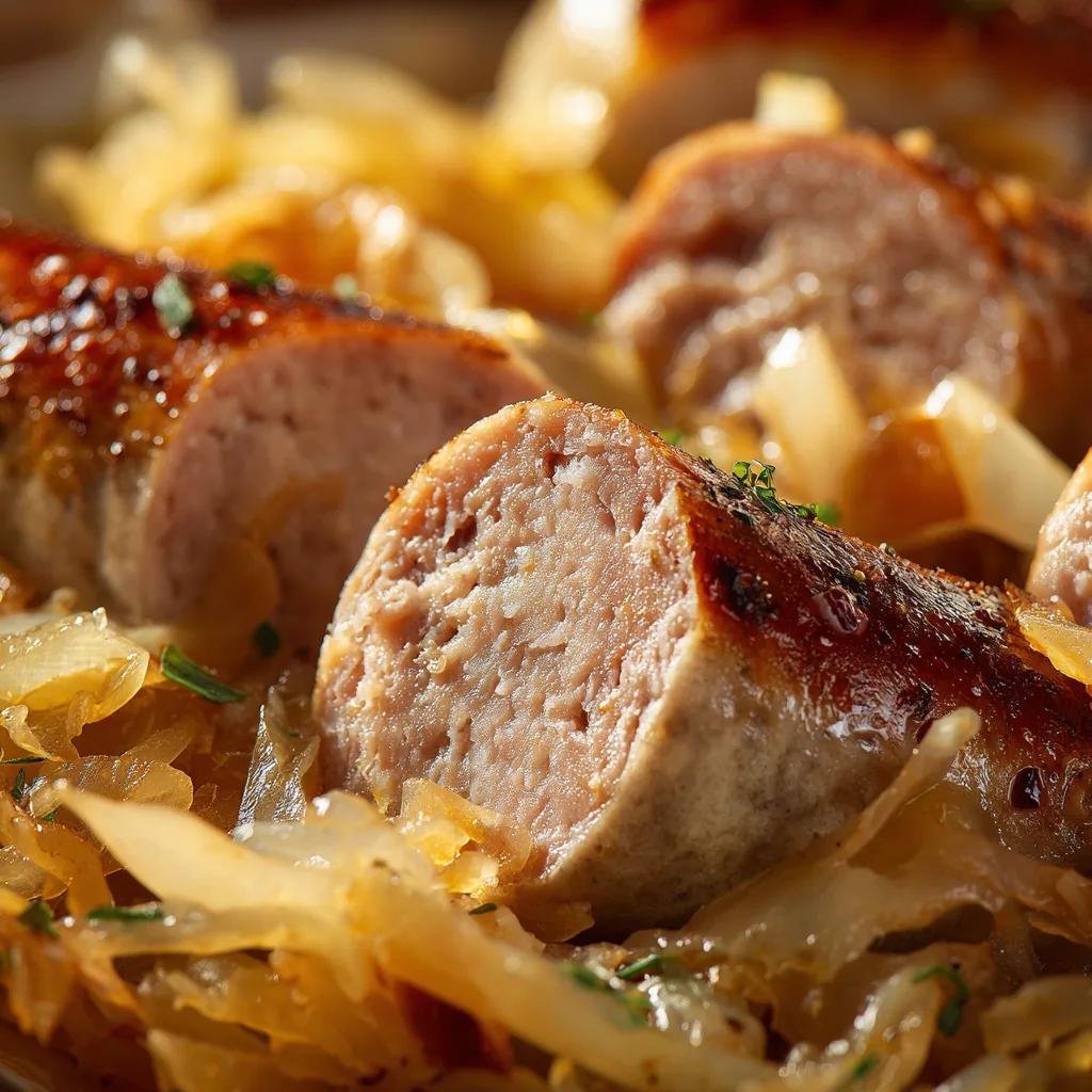Nahaufnahme Bratwurst mit Sauerkraut zeigt saftige Textur und Zutaten