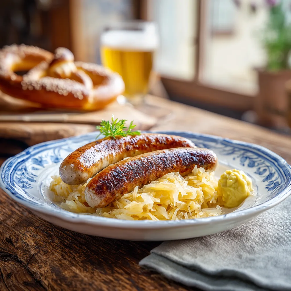 Bratwurst mit Sauerkraut servierfertig mit Beilagen auf gedecktem Tisch