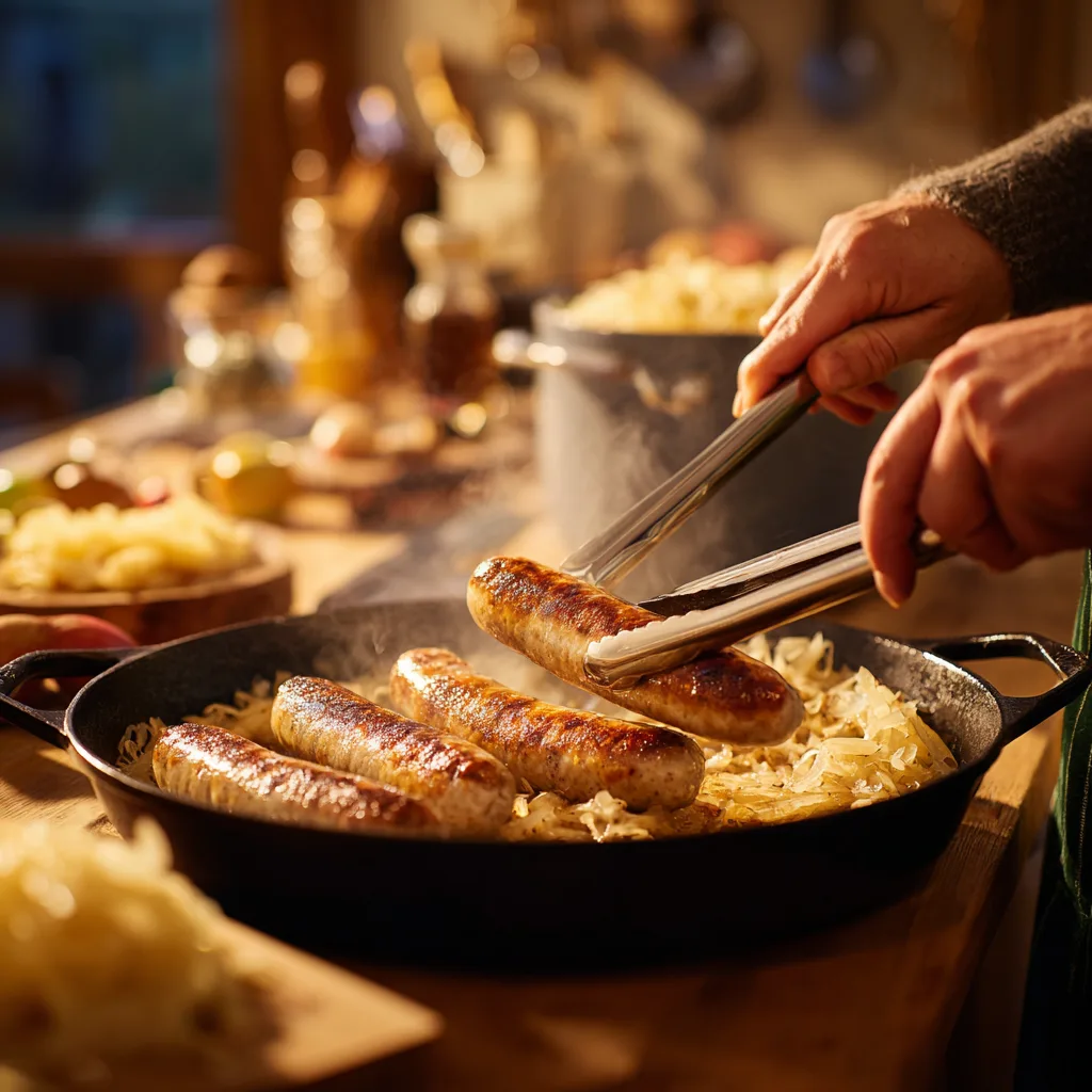 Bratwurst mit Sauerkraut Zubereitung in der Küche beim Braten