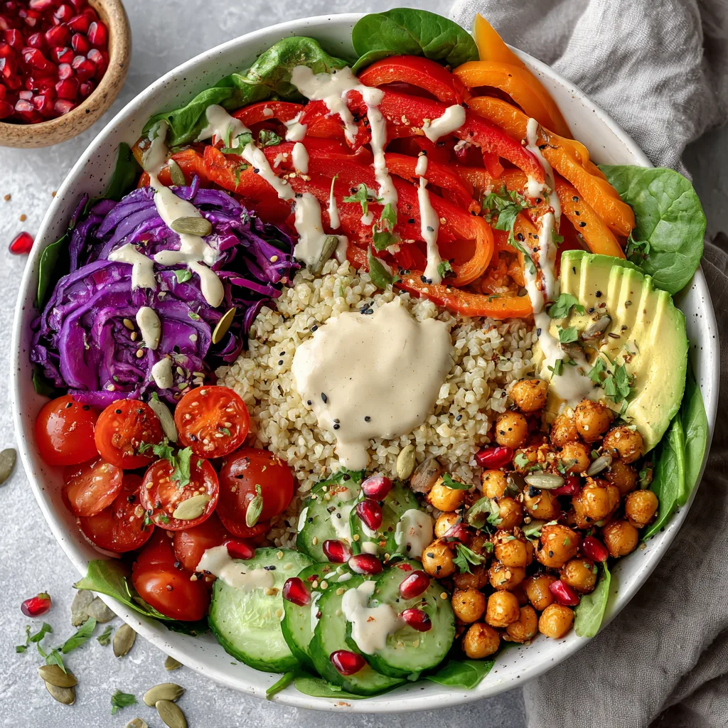 Bulgur Buddha Bowl von oben mit buntem Gemüse, Kichererbsen und Tahini-Dressing