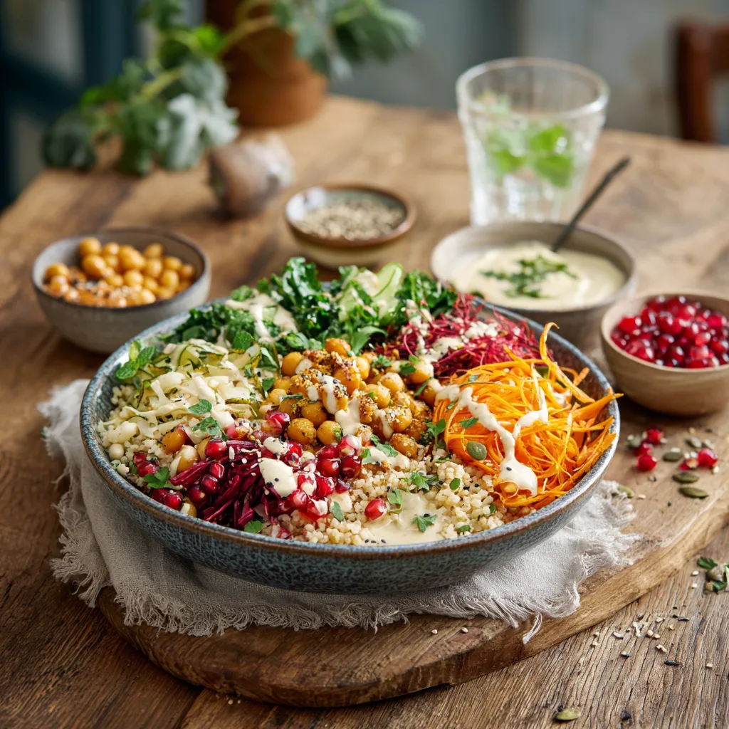 Servierte Bulgur Buddha Bowl auf gedecktem Tisch mit Beilagen