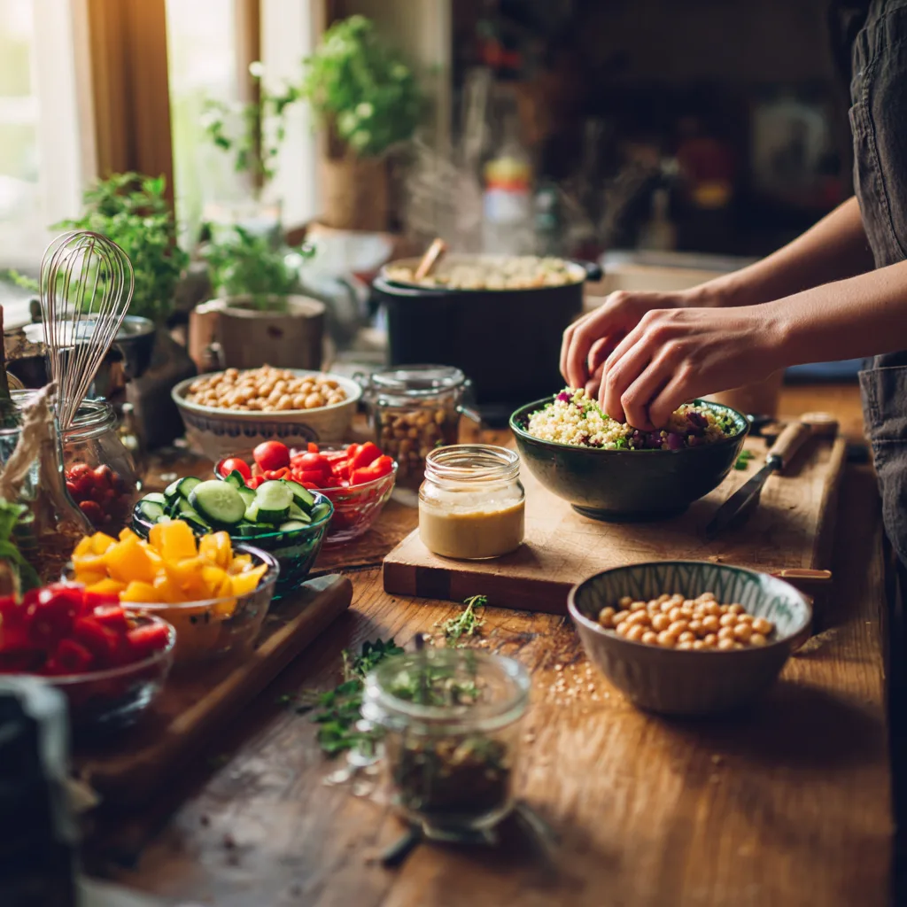 Bulgur Buddha Bowl Zubereitung in der Küche mit frischen Zutaten