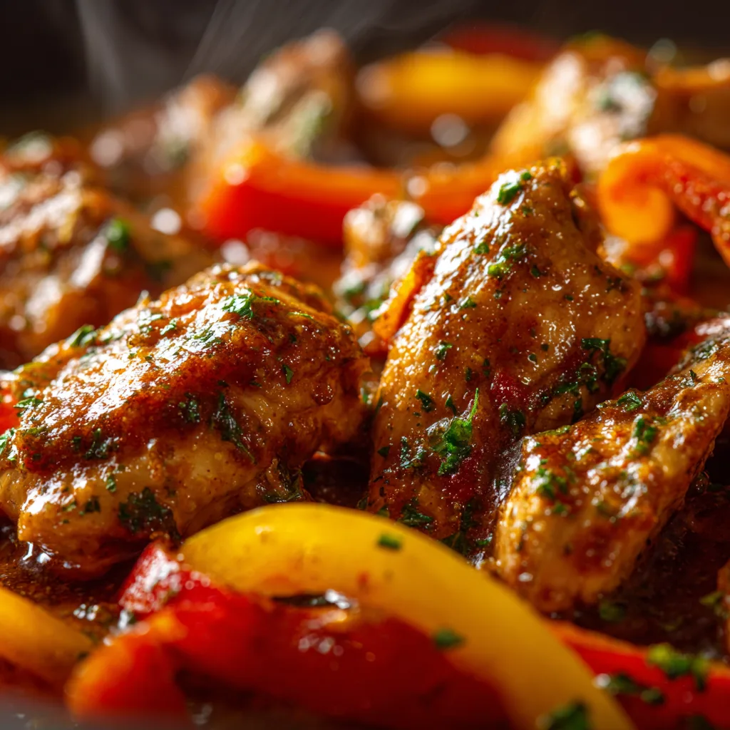 Nahaufnahme von Buntes Hühnergulasch mit zartem Fleisch und Paprika in Sauce