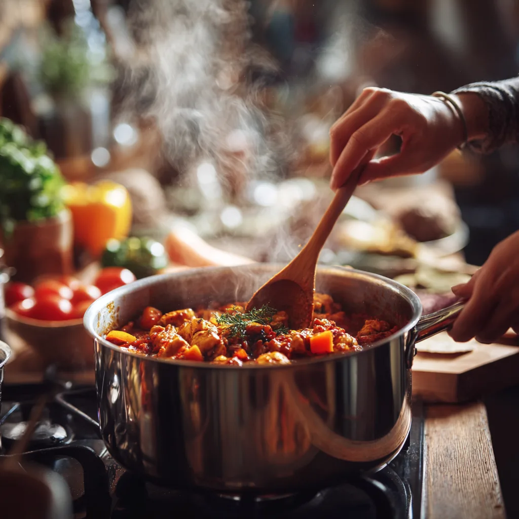 Buntes Hühnergulasch wird in Topf gekocht und umgerührt