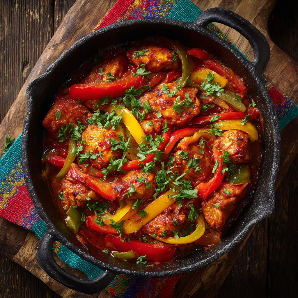 Buntes Hühnergulasch in Topf mit Paprika und Hühnerfleisch von oben fotografiert