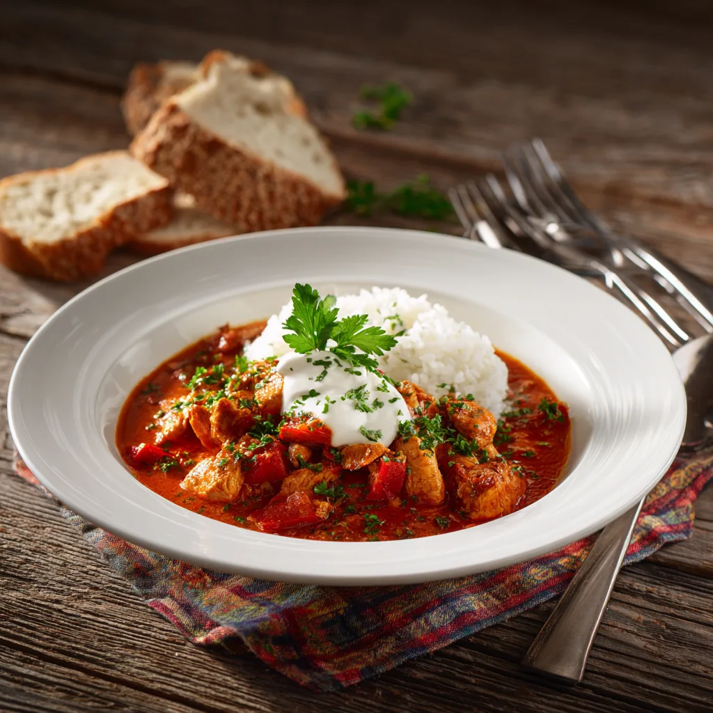Buntes Hühnergulasch angerichtet mit Reis und Brot auf weißem Teller