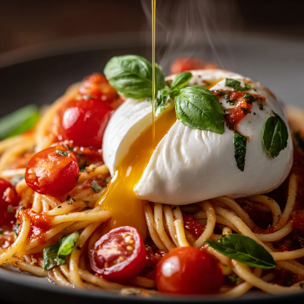  Burrata Tomaten Pasta Nahaufnahme mit aufgeschnittener cremiger Burrata auf heißen Nudeln