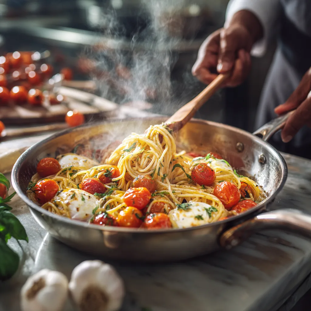 Burrata Tomaten Pasta Zubereitung in der Pfanne mit platzenden Kirschtomaten