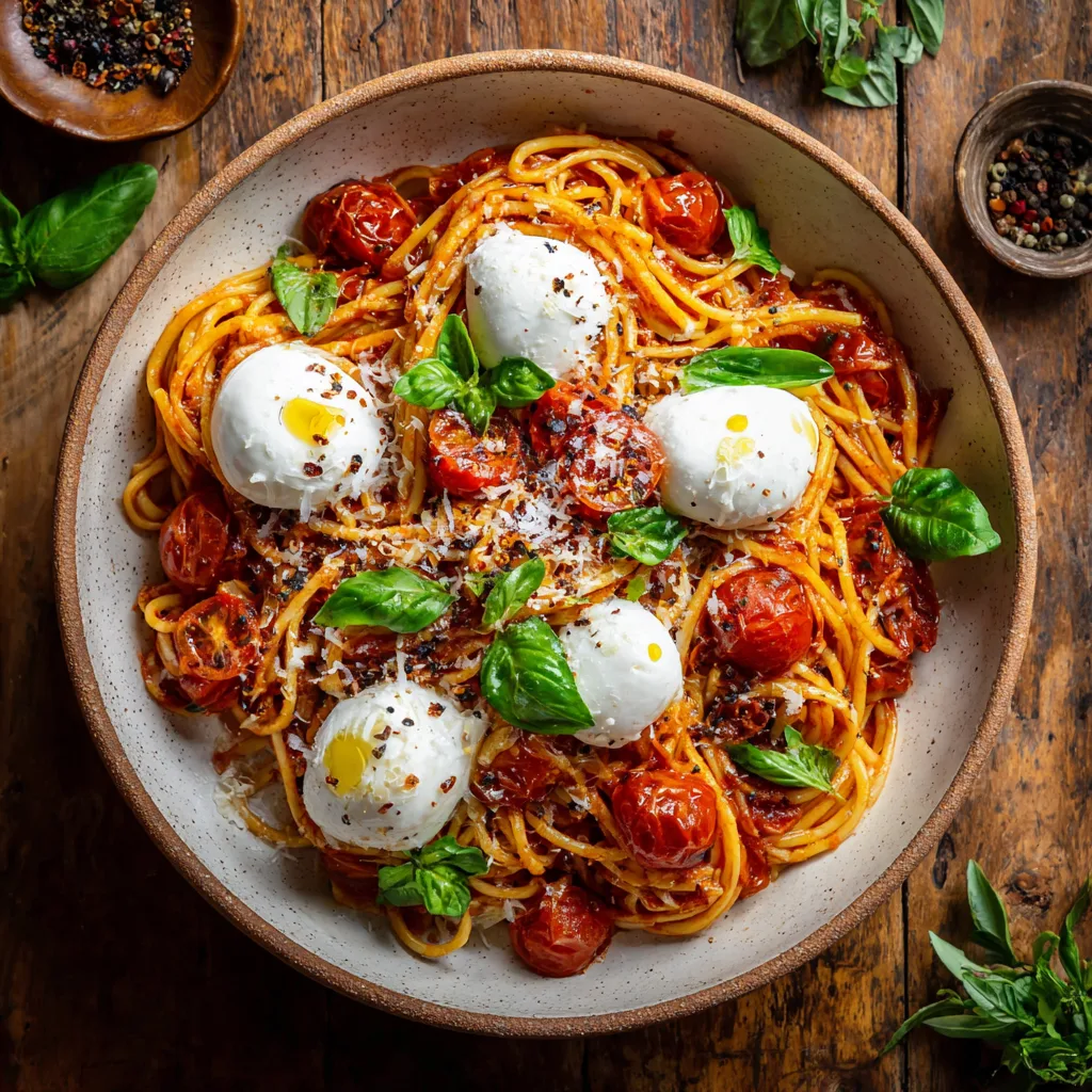Burrata Tomaten Pasta Draufsicht mit frischem Basilikum und Olivenöl auf rustikalem Holztisch