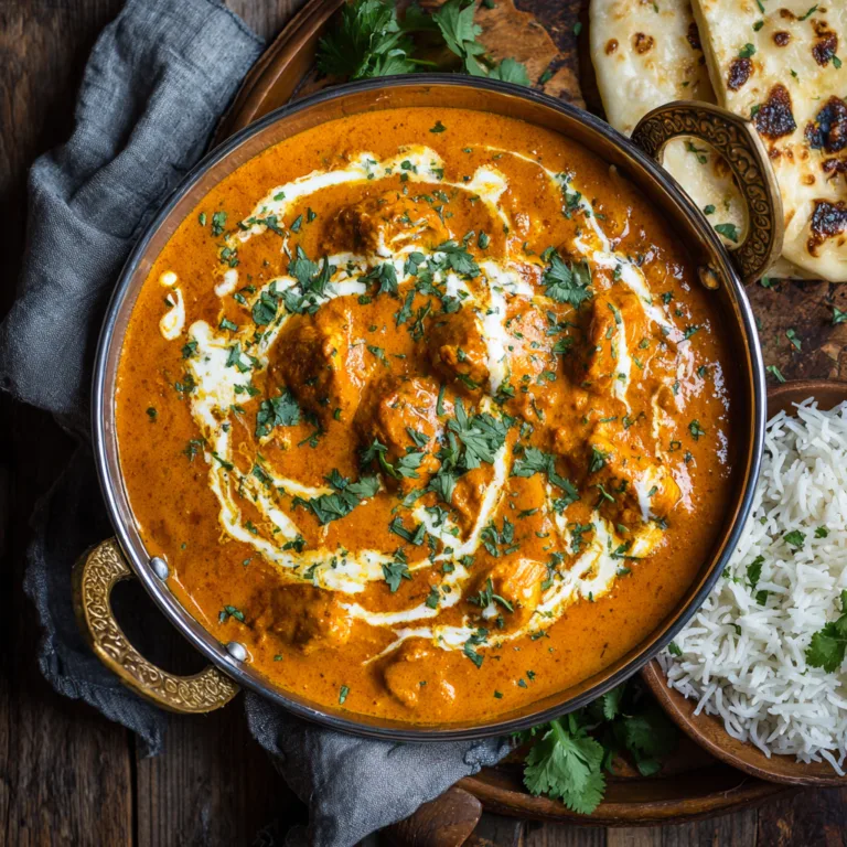 Butter Chicken in cremiger Tomaten-Butter-Sauce mit Reis und Naan von oben